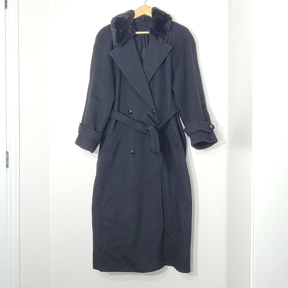 Heritage House Vintage Black Pure Virgin Wool Faux Fur Belted Double-Breasted